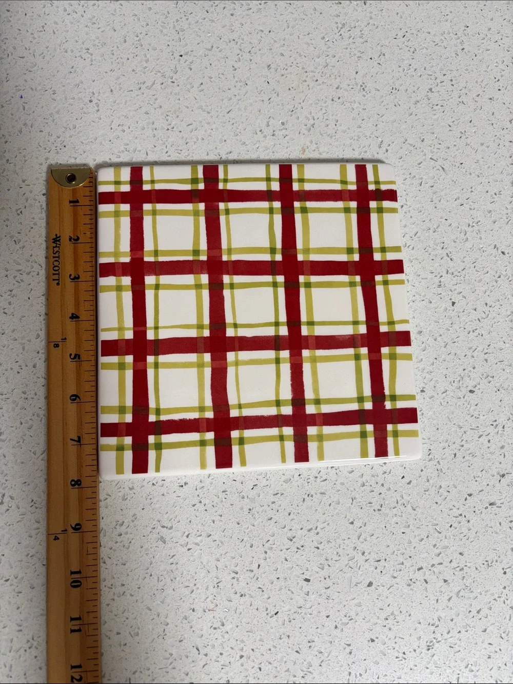 Crate & Barrel Plaid Ceramic Trivet Red White & Olive Green Set of 2 Holiday
